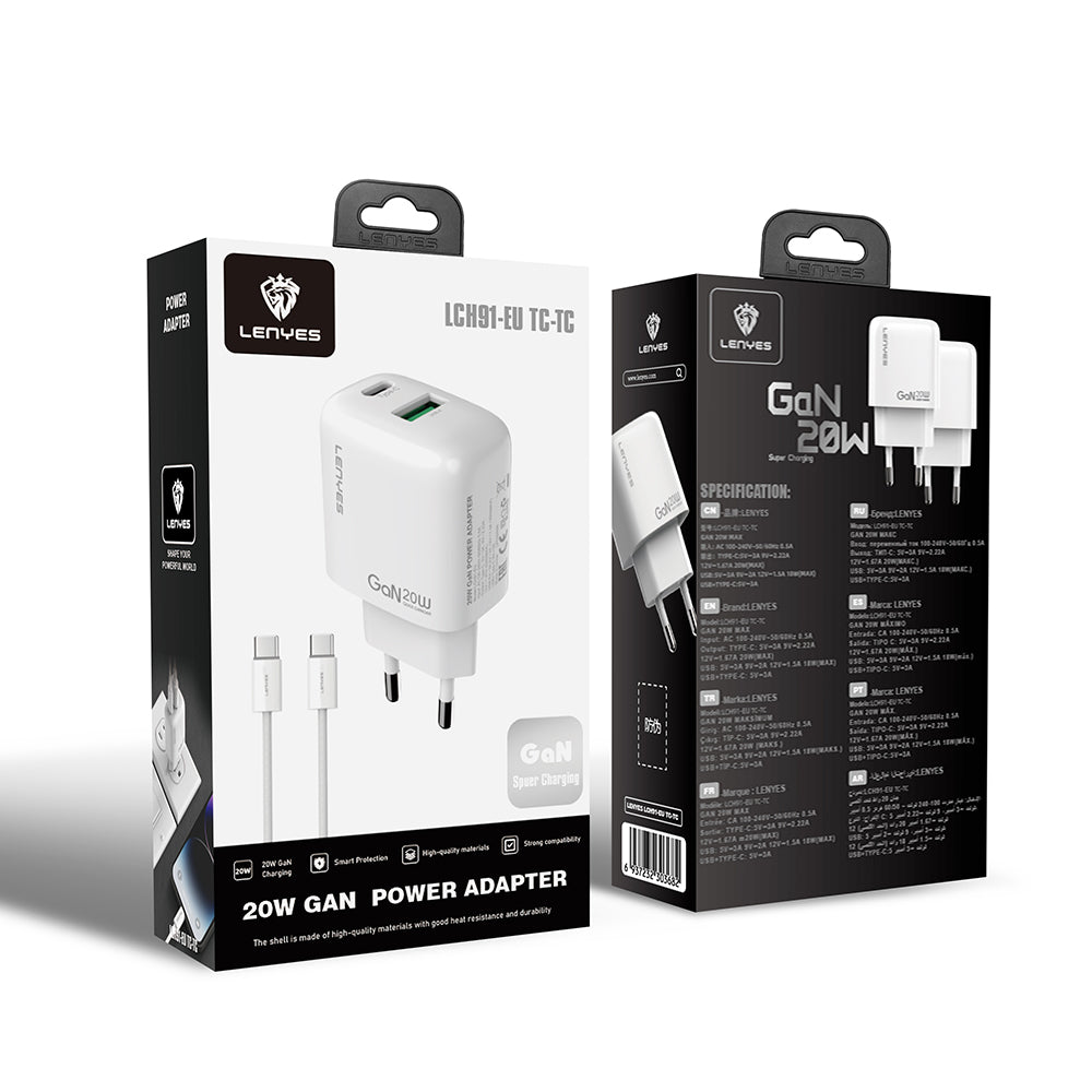 Lenyes LCH91-TC-TC Type-C to Type-C GaN Teknolojili PD ve USB Hızlı Şarj Özellikli Şarj Seti 20W Lenyes LCH91-TC-TC Type-C to Type-C GaN Teknolojili PD ve USB Hızlı Şarj Özellikli Şarj Seti 20W